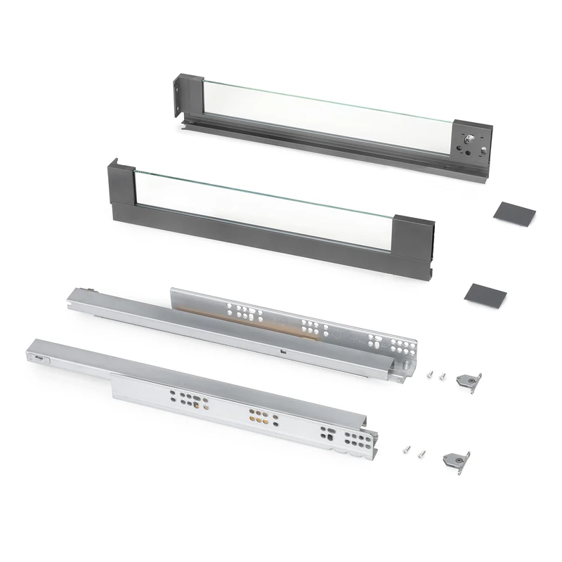 Vertex outer drawer 40 kg (88 lb), H93 mm (3,66 inch) with glass sides, 500mm (19,6 inch), Anthracite grey, Steel and Aluminium and Glass, 1 kit
