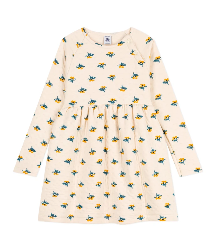 Petit Bateau Girl's Long Sleeve Dress, White Avalanche / Multicolor, 4 years