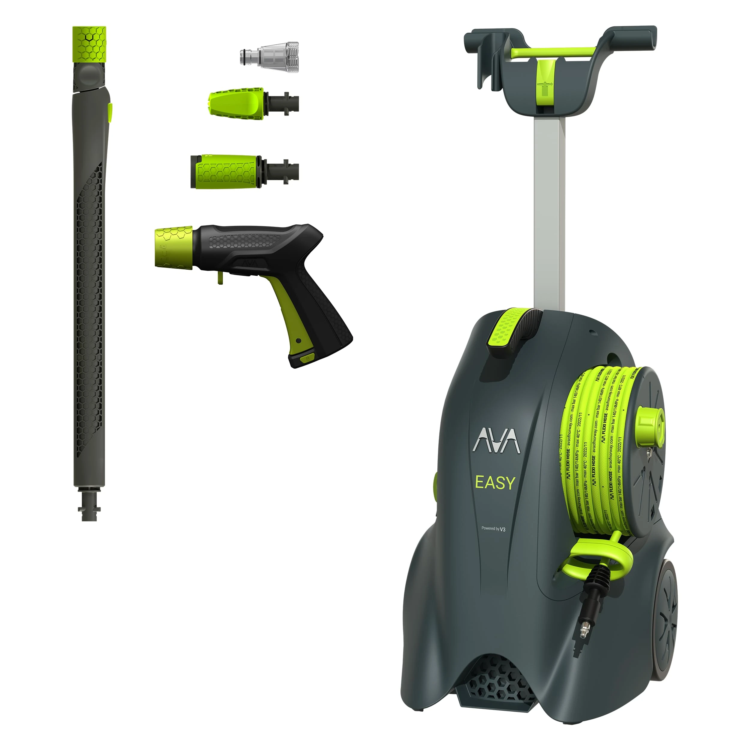 AVA Easy P57 Pressure Washer M, 145 Bar (max), 500 l/h flow rate, 2000 W rated power, incl 12m Flexi Hose & Zoom Lance, Jet Washer For Car Wash & Outdoor Cleaning