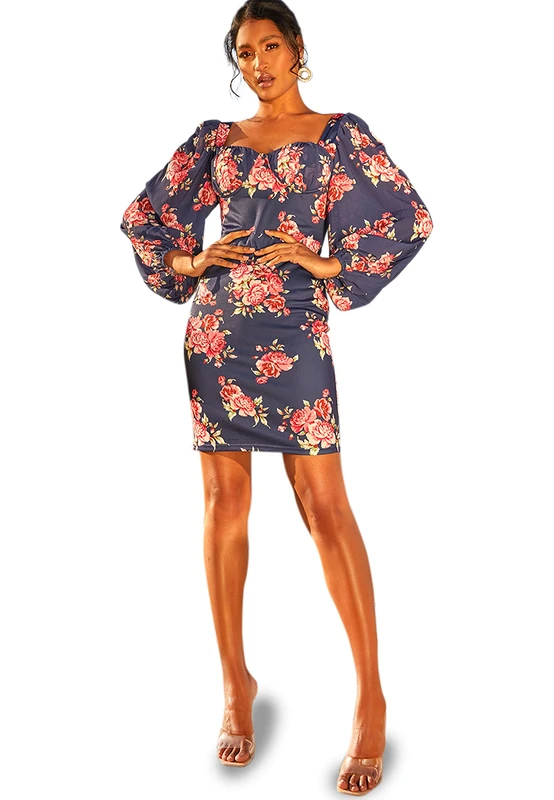 Chi London Womens Balloon Sleeve Floral Bodycon in Navy Special Occasion Dress, Navy, 16 UK - Image 1