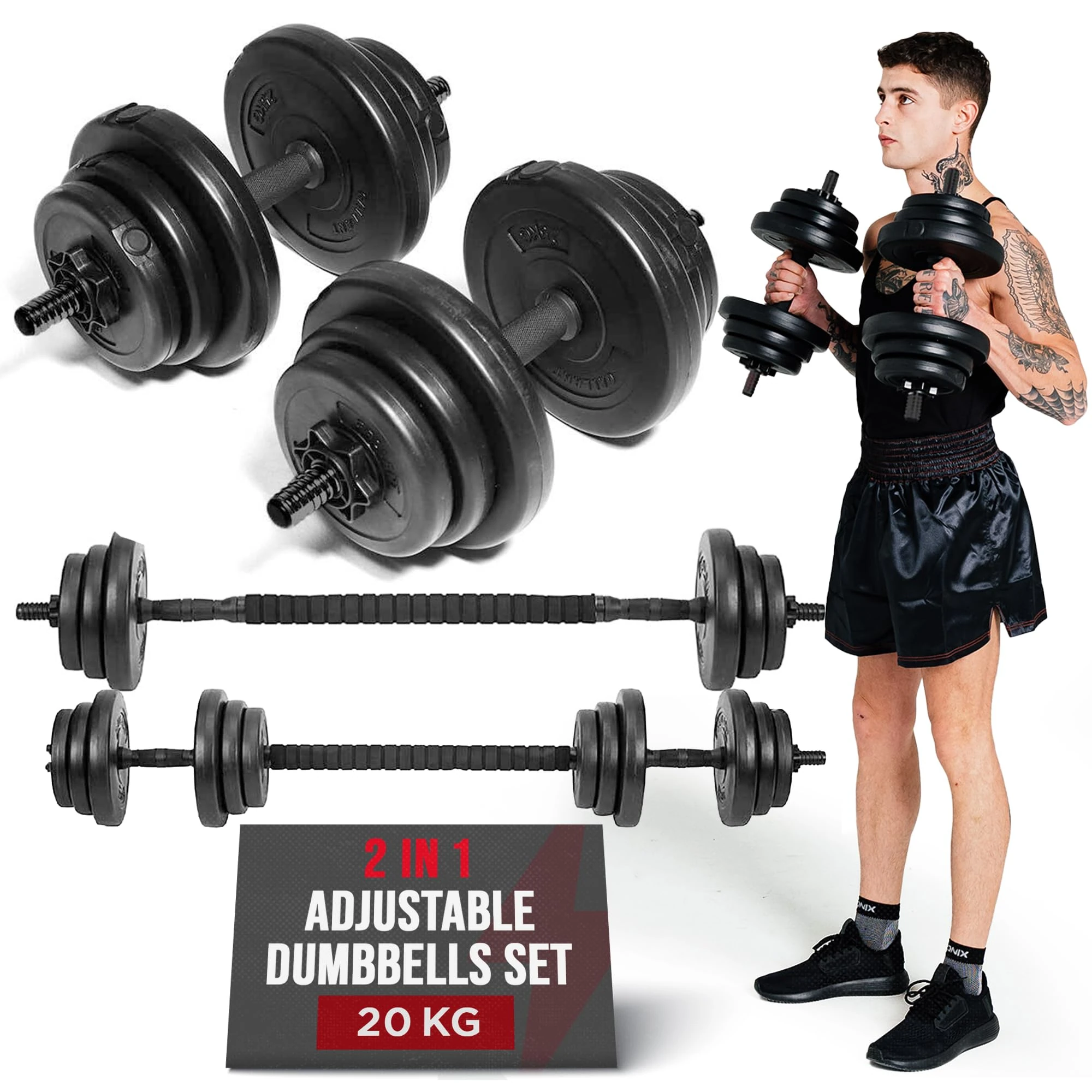 Gallant 20kg Adjustable Dumbbells Set, 2 in 1 Dumbells and Barbell Hand Free Weights Set Strength Training Lifting Body Building, Fitness Exercise Equipment For Home Gym, Ideal Men Women Black