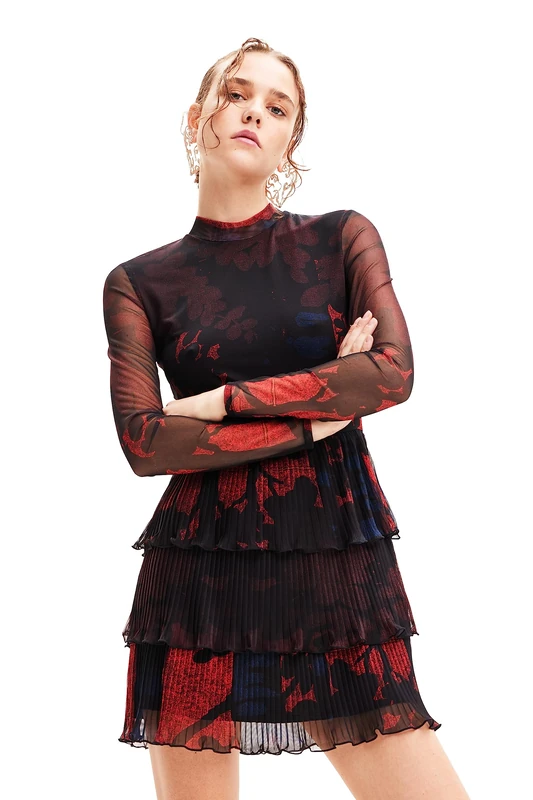 Desigual Forest Floral Short Pleated Dress by M. Christian Lacroix 23WWVK78 Red