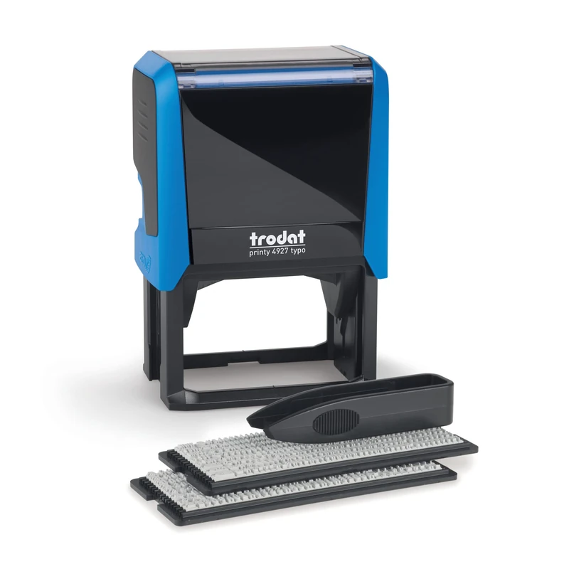 Trodat Printy 4927 Typomatic 4.0 Blue Personalised Ink Pad - 8 Lines of Text - Self Inking - Black Ink Included - Composition Plate and Tweezers Included