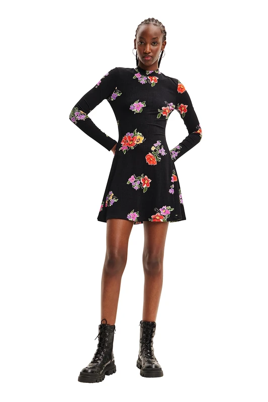 Desigual Petony Long Sleeve Short Floral Jersey Dress 23WWVK29 Black