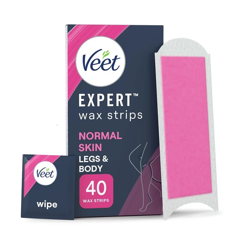 Veet Expert Cold Wax Strips, Legs & Body, Normal Skin, 40 Wax Strips (4 Finish Wipes with Argan Oil), with Shea Butter, Removes Shortest Hair from Root, 28 Days Smoothness