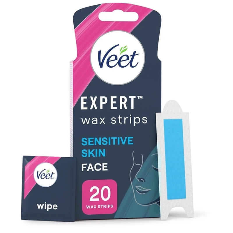 Veet Expert Waxing Strips for Sensitive Skin - 20 Cold Wax Strips & 4 Finish Wipes for Eyebrow, Facial Hair Removal - Hydrating, Exfoliating, Ideal for Face