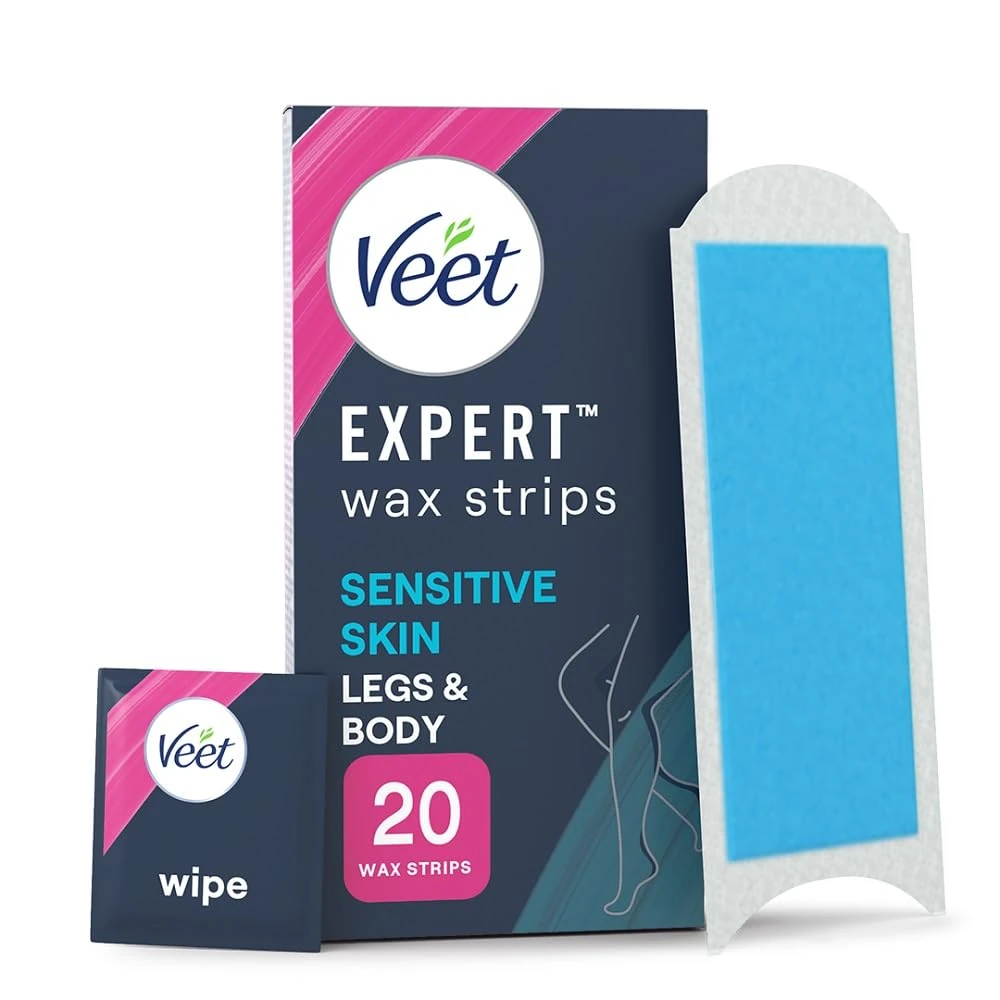 Veet Expert Cold Wax for Sensitive Skin, Hair Removal On Legs & Body, 20 Strips + 2 Finish Wipes, Effective for Men, Smooth Results