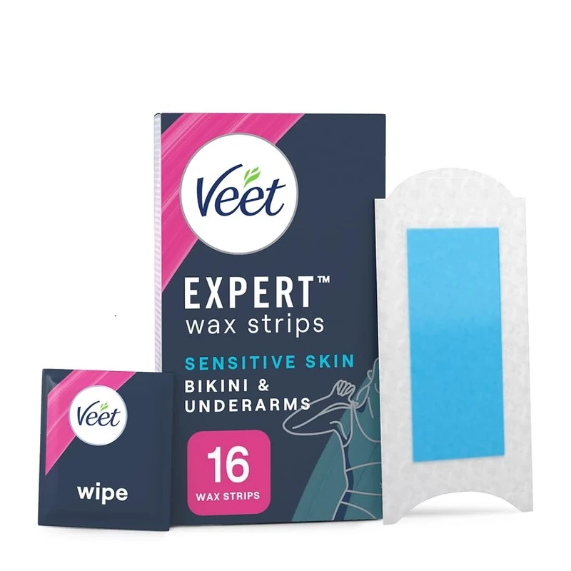 Veet Cold Wax Strips Sensitive Skin, 16 Count + 3 Wipes, Brazilian & Bikini Hair Removal, Underarm Waxing with Almond Oil, Expert Formula Men, Smooth Finish