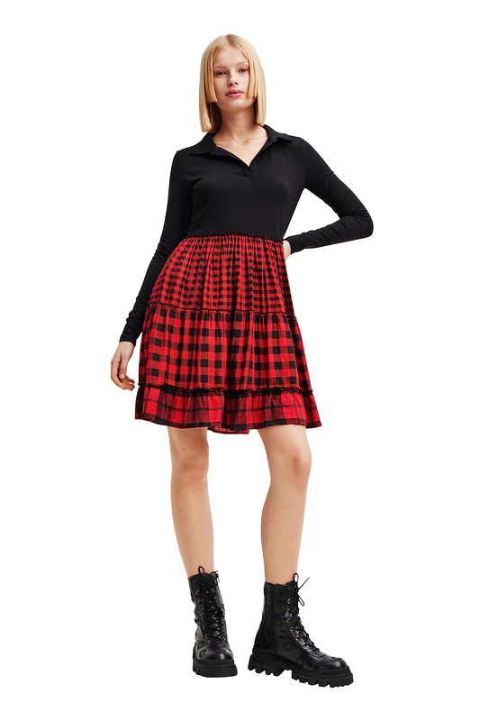 Desigual Harryst Casual Long Sleeved Dress with Red Check Skirt 23WWVW74
