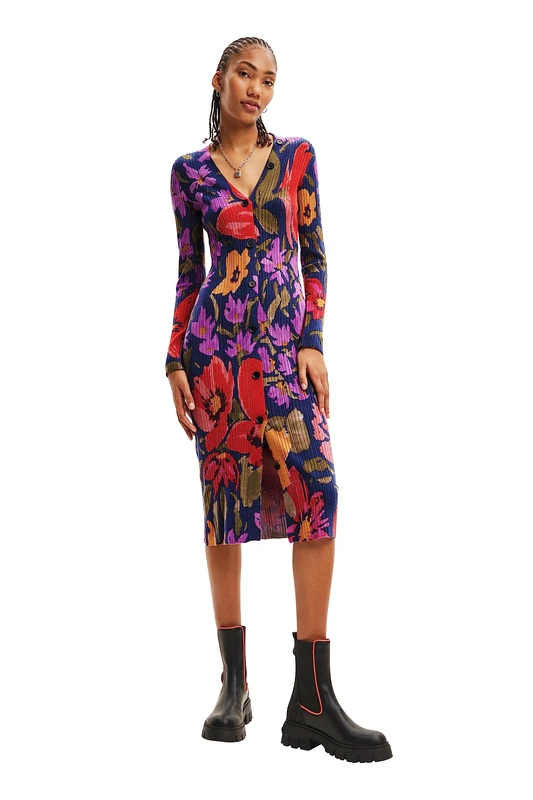 Desigual Delaware Fitted Floral Ribbed Knit Dress 23WWVF13 Multicoloured