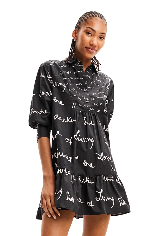 Desigual Salton Black Messages Smock Shirt Dress 23WWVW61