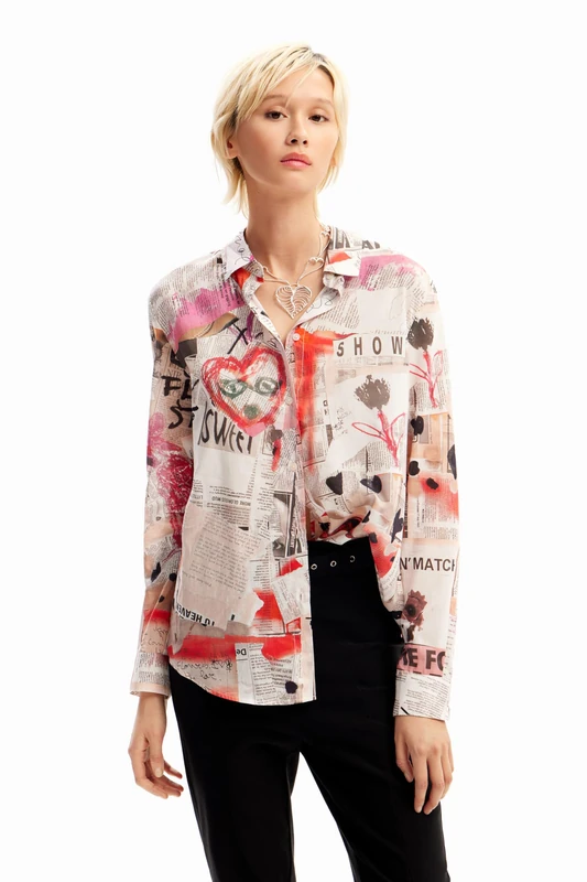 Desigual Matera Newspaper Print Shirt 23WWCW21 White - Image 1