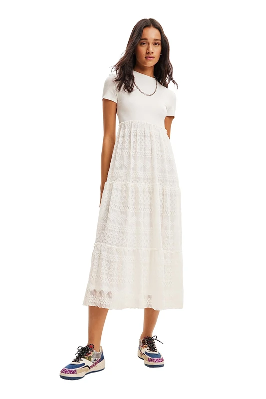 Desigual Darling White Maxi Dress with Lace Skirt 23WWVKA8