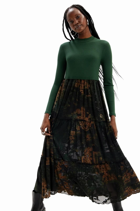 Desigual Lena Green Long Sleeved Top & Tiered Mesh Midi Skirt Dress 23WWVK89