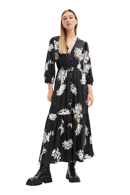 Desigual Kendall Monochrome Long Sleeved Floral Boho Maxi Dress 23WWVW06 Black