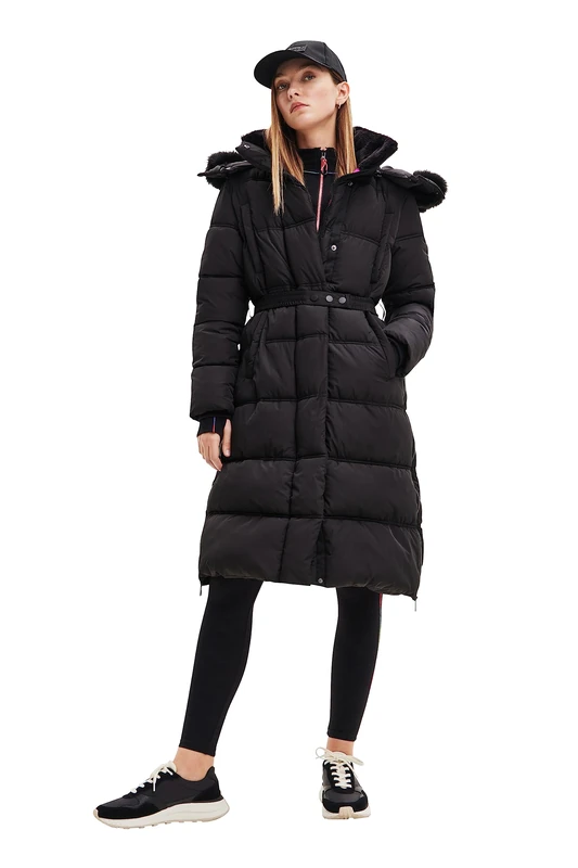 Desigual Warm Padded Surrey Winter Coat Belted Puffer 23WWEWAZ Black - Image 1