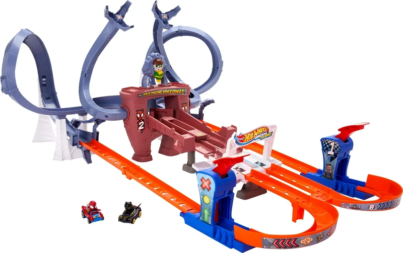 Hot Wheels RacerVerse Spider-Man’s Web-Slinging Speedway Track Set with Hot Wheels Racers Spider-Man & Black Panther, Multi-Lap Race to Escape Doc Ock, HTM08