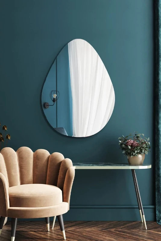 MirrorOutlet The Lapillus - Frameless Modern Pebble Pond Wall Mirror 30" X 20" (76CM X 50CM) Silver Mirror Glass with Black wooden Backing - Polished Edging