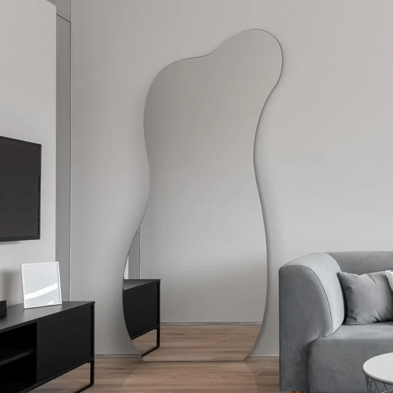 MirrorOutlet The Lacuna - Frameless Modern Full Length Pond Leaner/Wall Mirror 55" X 24" (140CM X 60CM) Silver Mirror Glass with Black wooden Backing - Polished Edging