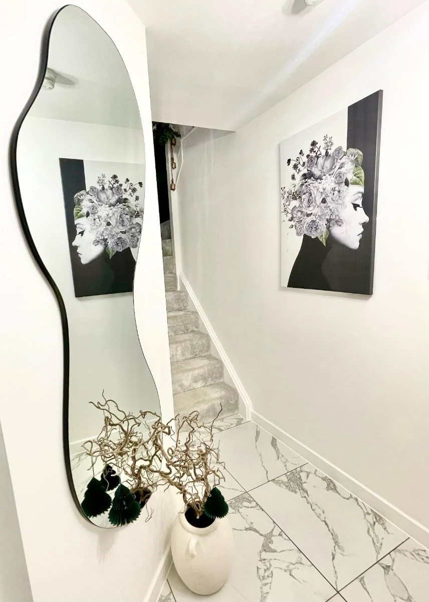 MirrorOutlet The Lacuna - Frameless Modern Full Length Arched Leaner/Wall Mirror 63" X 24" (160CM X 60CM) Silver Mirror Glass with Black wooden Backing - Polished Edging