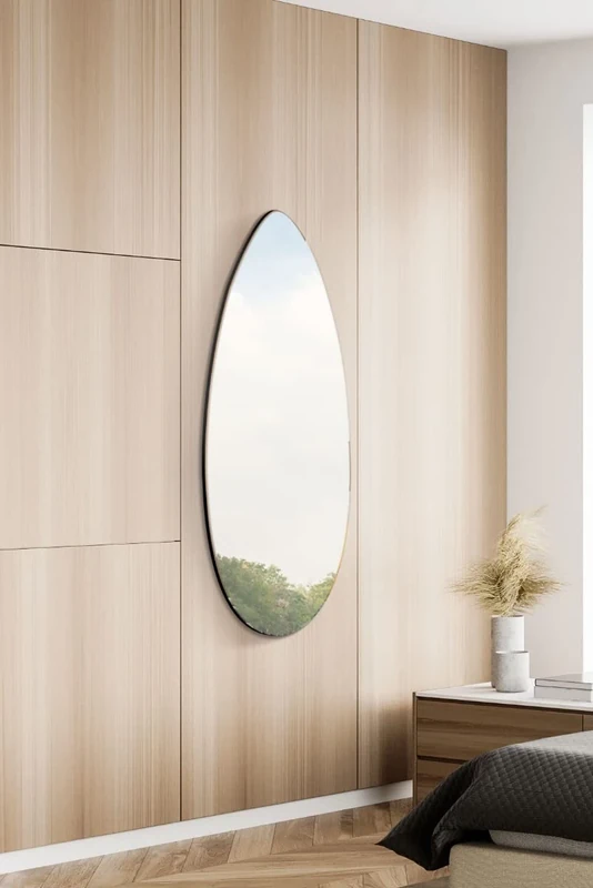MirrorOutlet The Tear Drop - Frameless Modern Full Length Glass Leaner/Wall Mirror 47" X 18" (120CM X 45CM) Silver Mirror Glass with Black wooden Backing - Polished Edging