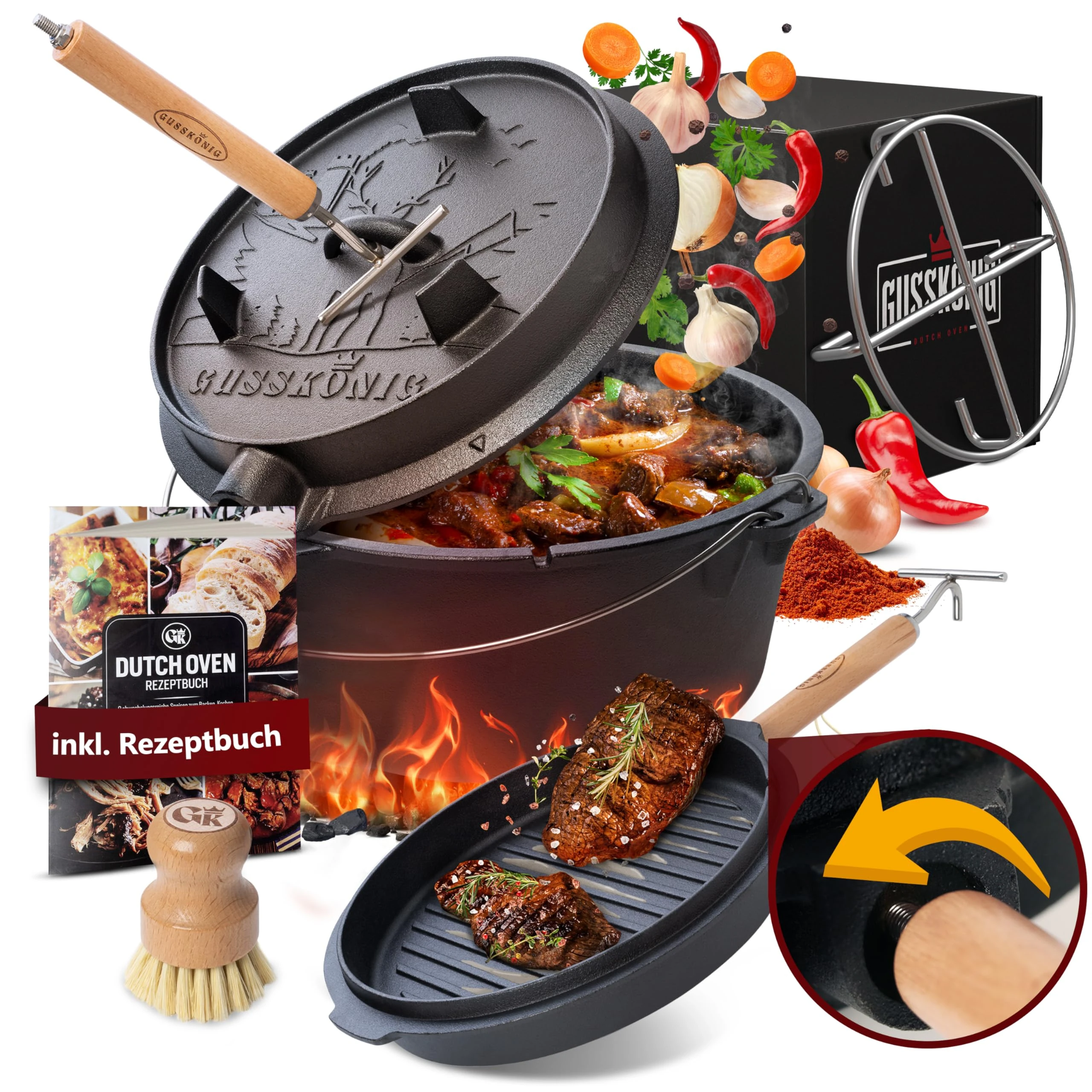 GUSSKÖNIG Pre-Seasoned Dutch Oven Set - 4.5 L Cast Iron Dutch Oven Pot with Lid, Fire Pot without Feet for Bread Baking & Cooking - Includes 2-in-1 Lid Lifter, Brush & Recipe Book [for 1-3 People]