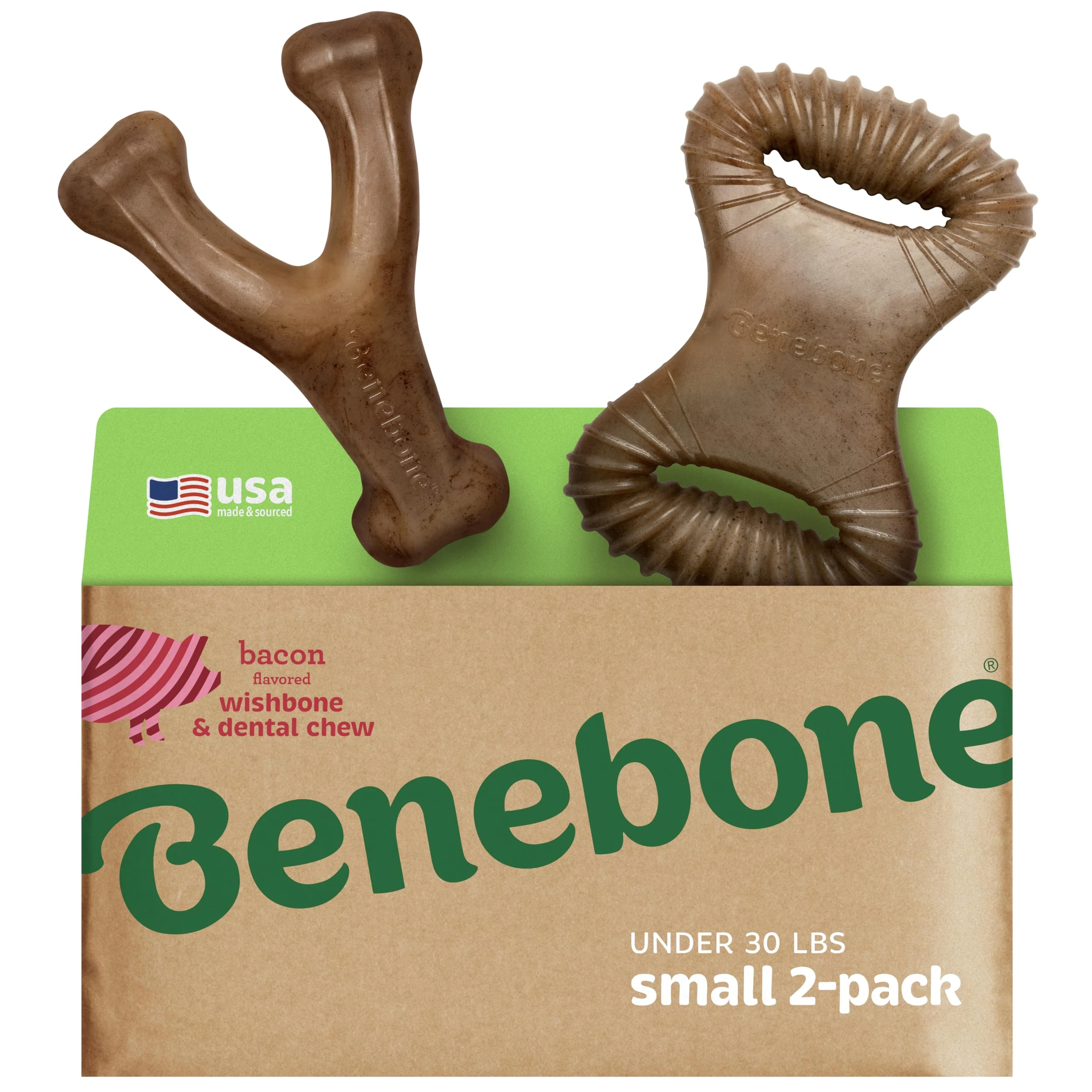 Benebone 2-Pack Indestructible Dental Chew/Wishbone for Aggressive Chewers, Long Lasting Tough Boredom Breaker for Dogs, Real Bacon Flavour, For Small Dogs, Made in the USA.