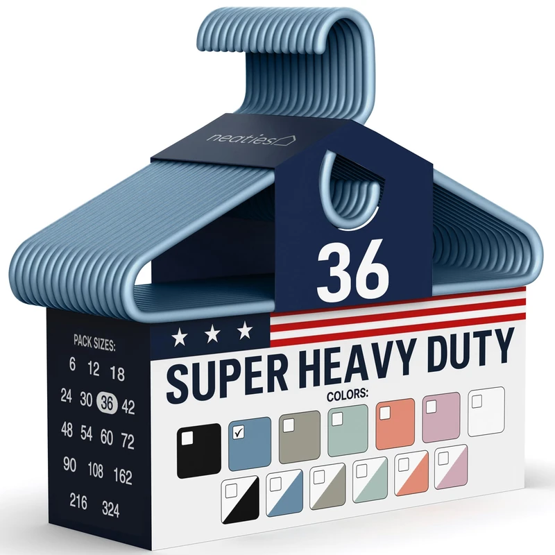 Neaties Super Heavy Duty Clothes Hangers 36 Pack – Made in the USA - 10lb Capacity, Thick Plastic Hangers for Pants, Coats, Jackets, Jeans and Adult Clothing – Blue