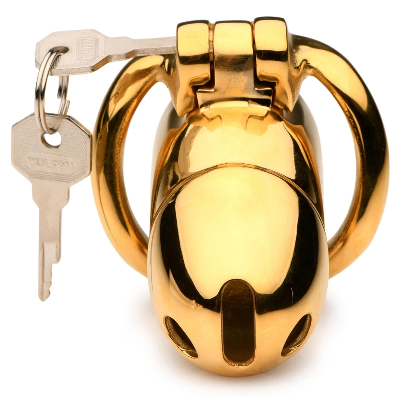 MASTER SERIES Midas 18K Gold-Plated Locking Chastity Cage for Men, and Couples. Gold Plated Cage with Two Graduated Rings & 2 Keys, Perfect for Chastity Play. 5 Piece Set, Gold. - Image 1