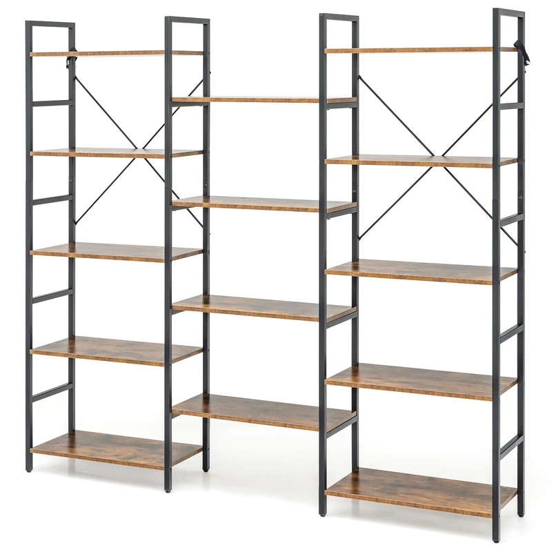 CASART Triple Wide 5-Tier Bookshelves, Industrial Bookcase Ladder Bookshelf with 14 Open Shelves & Metal Frame, Anti-Toppling Display Shelf for Living Room Study Bedroom Office (176 x 30 x 165cm) - Image 1
