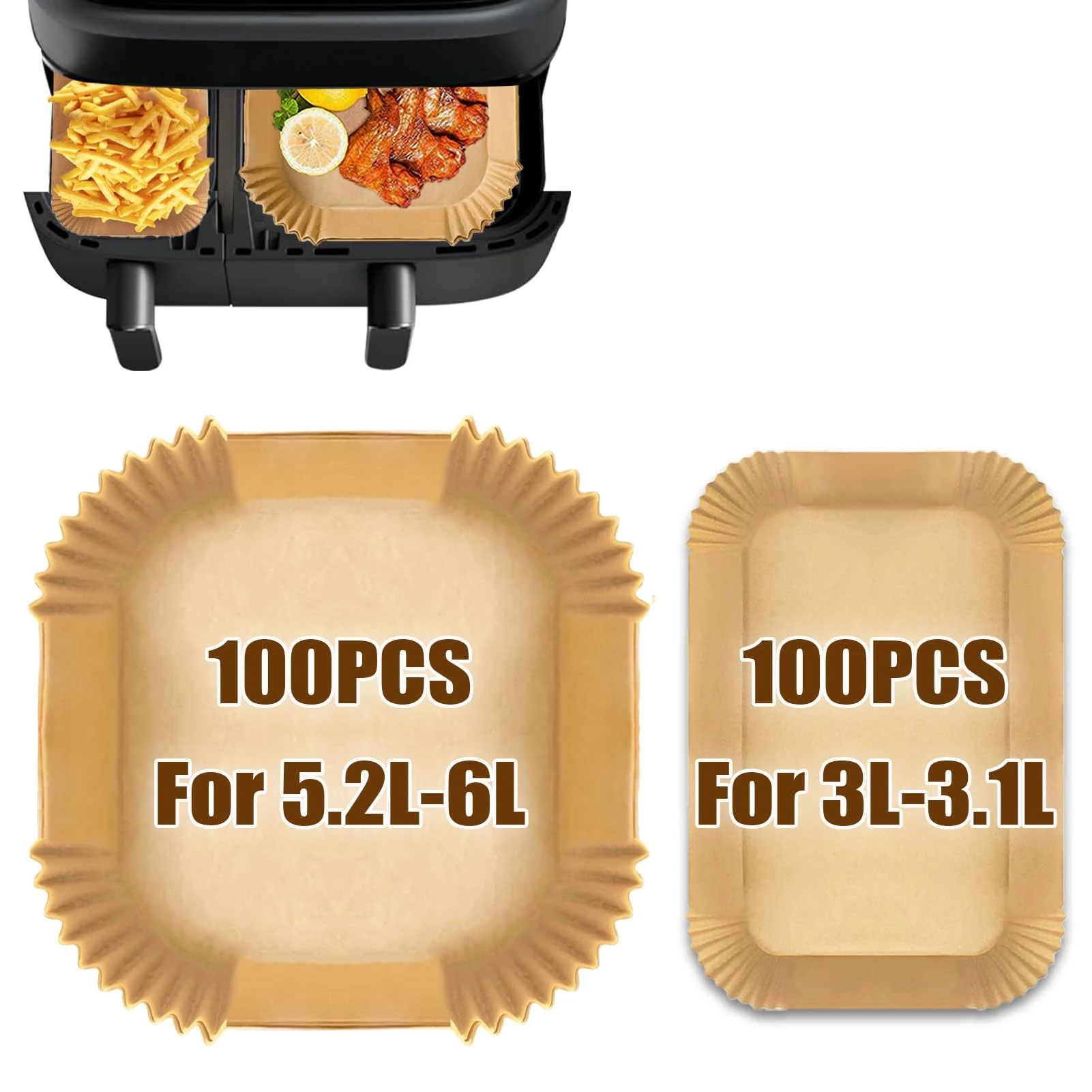 Air Fryer Liners for Tefal Dual Zone 8.3L and Philips Dual Basket 9L Air Fryer, 200PCS Air Fryer Parchment Paper Liners, Disposable Paper Liners Oil-Proof, Food Grade Baking Paper