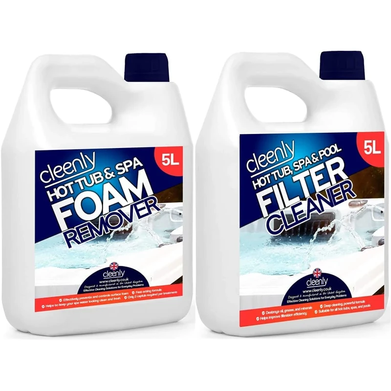 Cleenly Hot Tub & Spa Foam Remover for Defoaming - Anti Foam for Hot Tubs & Spas - 5L Easy To Use, clear (262420) & Powerful Hot Tub Filter Cleaner Solution - for Hot Tub, Pool and Spa (5 Litres)
