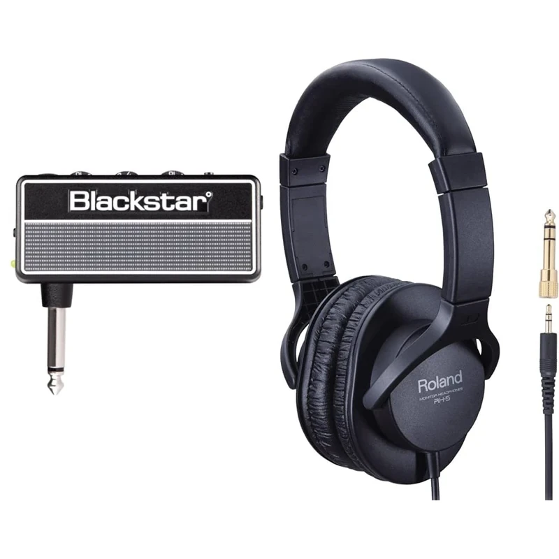 Blackstar amPlug 2 FLY Mini Portable Electric Guitar Headphone Amplifier Plugin Simulator with Built in Effects & Roland RH-5 Monitor Headphones for Everyday Music Making And Audio Playback,Black