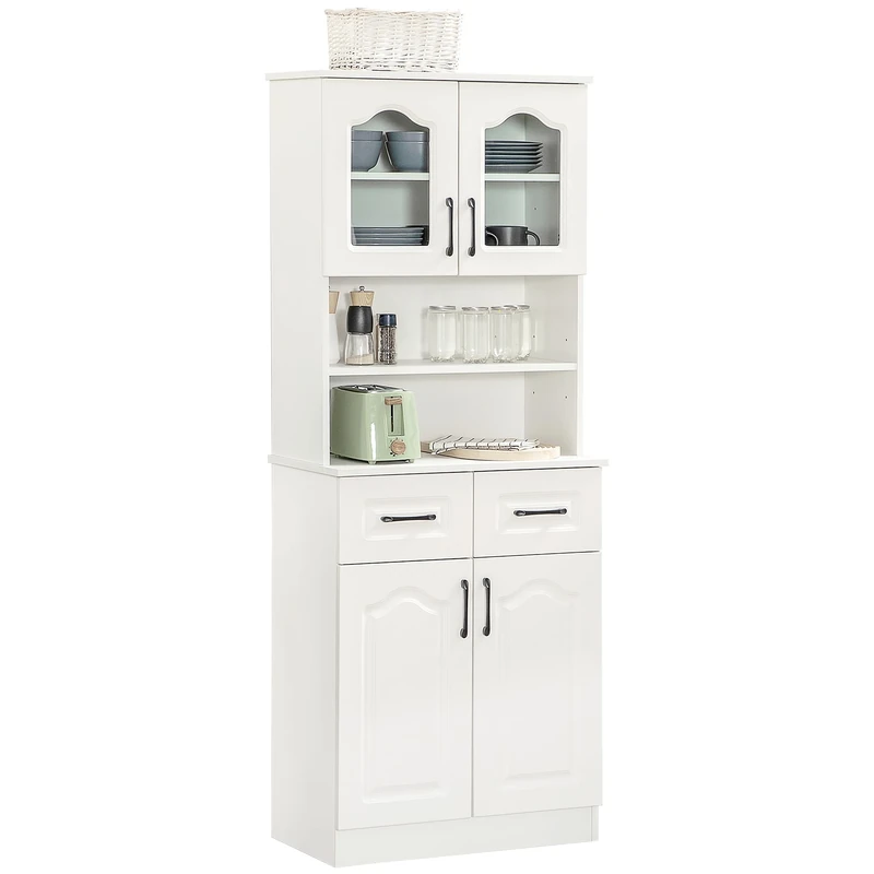 HOMCOM Kitchen Cupboard, Freestanding Storage Cabinet with 2 Adjustable Shelves, 2 Drawers and Open Counter for Living Room, Dining Room, 168cm, White