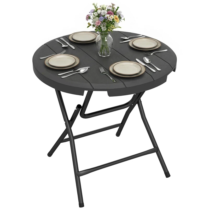 Outsunny Foldable Garden Dining Table, Round Outdoor Table with HDPE Tabletop and Steel Frame for Patio and Garden, Dark Grey