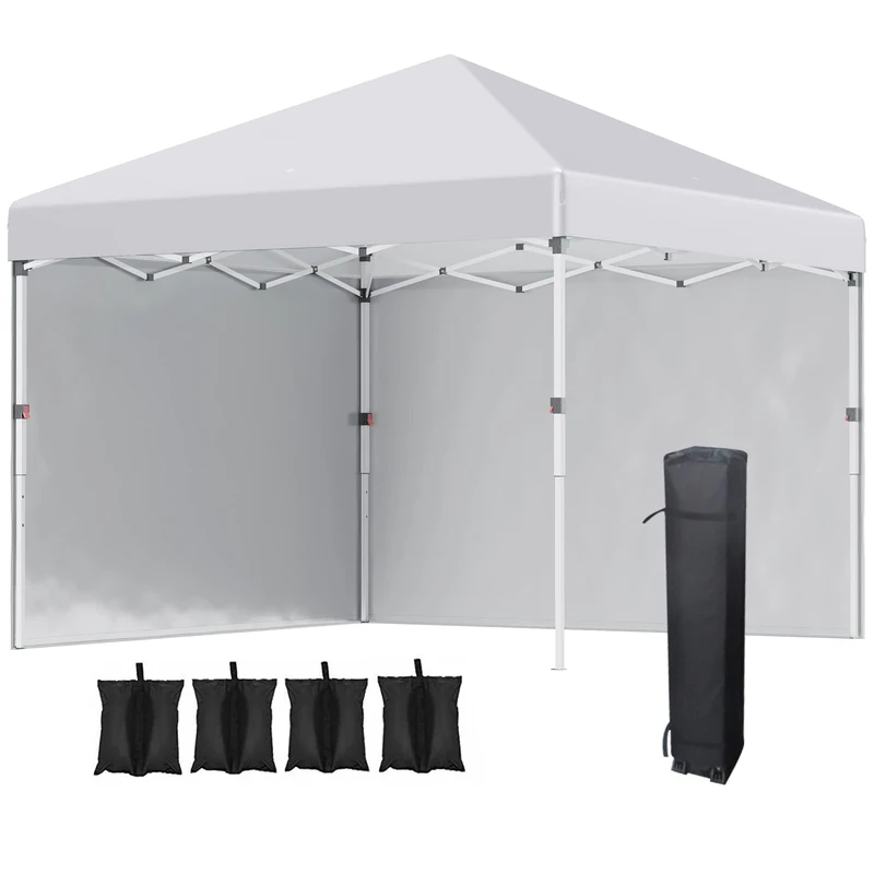 Outsunny 3 x 3 (M) Pop Up Gazebo, UPF 30+ with 2 Sidewalls, Leg Weight Bags and Wheeled Bag, Height Adjustable Party Tent Event Shelter for Garden, Patio, White