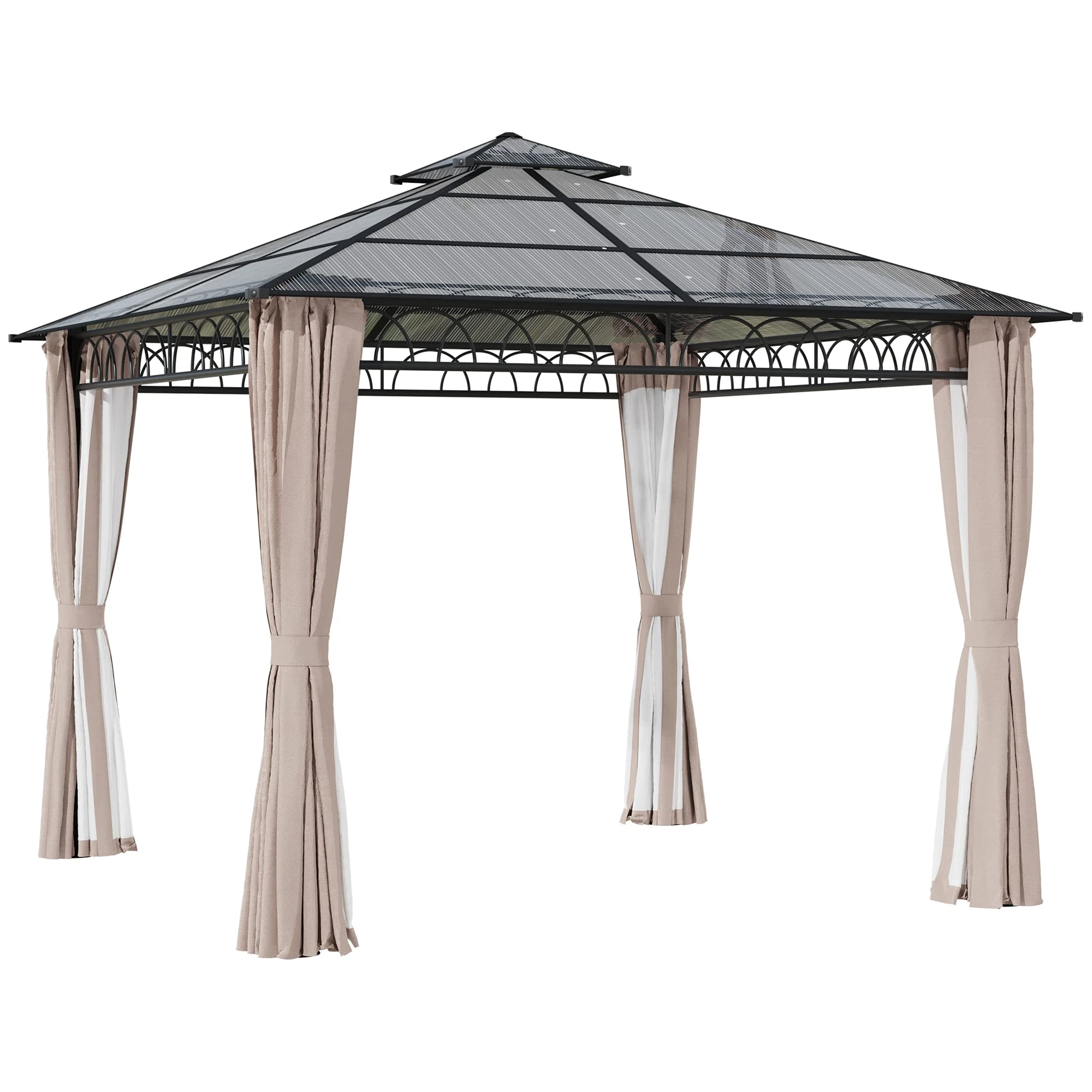 Outsunny 3 x 3 (m) Outdoor Polycarbonate Gazebo, Double Roof Hard Top Gazebo with Galvanised Steel Frame, Nettings & Curtains for Garden, Lawn, Patio and Deck, Khaki