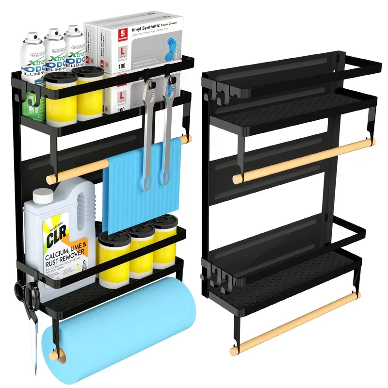 Paper Towel Holder with Shelf, 2-in-1 Magnetic Shelf, Heavy Duty Rustic Paper Towel Holder with 5 Removable Hooks, Tissue Holder for Tool Shed, Garage, Workbench, Kitchen, Craft Room, or Laundry Room