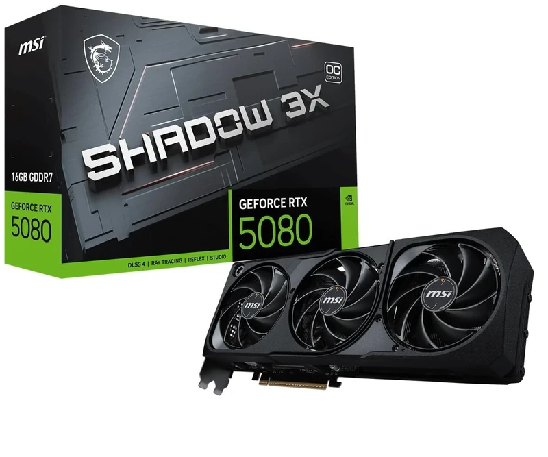 MSI GeForce RTX 5080 16G SHADOW 3X OC Graphics Card - RTX 5080 GPU, 16GB GDDR7 (30Gbps/256-bit), PCIe 5.0 - Triple Fan Design (3 x TORX FAN 5.0) - HDMI 2.1b, DisplayPort 2.1b