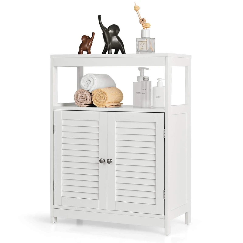 CASART Bathroom Floor Cabinet, Floor Standing Storage Cupboard with 2 Shutter Door & Adjustable Shelf, Wooden Sideboard Storage Organizer Unit for Bathroom Kitchen & Living Room (White)