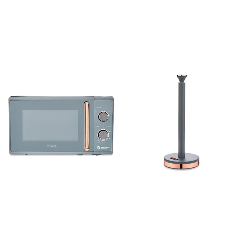 TOWER T24038RGG Cavaletto Manual Microwave with 5 Power Levels & 35 Minute Timer, 800W, 20L, Grey Rose Gold & T826133GRY Cavaletto Towel Pole Kitchen Roll Holde, Grey and Rose Gold