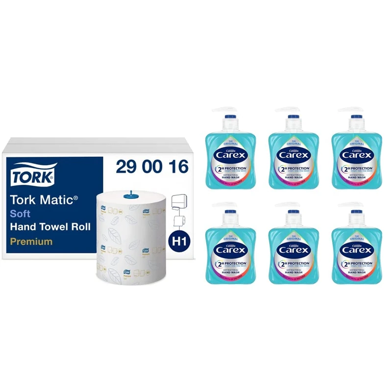 Tork Matic Soft Hand Towel Roll Premium 290016 - H1 Premium Paper Towels for Roll Towel Dispenser, 2-ply, White - 6 Rolls x 100 m & Carex Dermacare Original Antibacterial Hand Wash, Pack of 6 x 250 ml