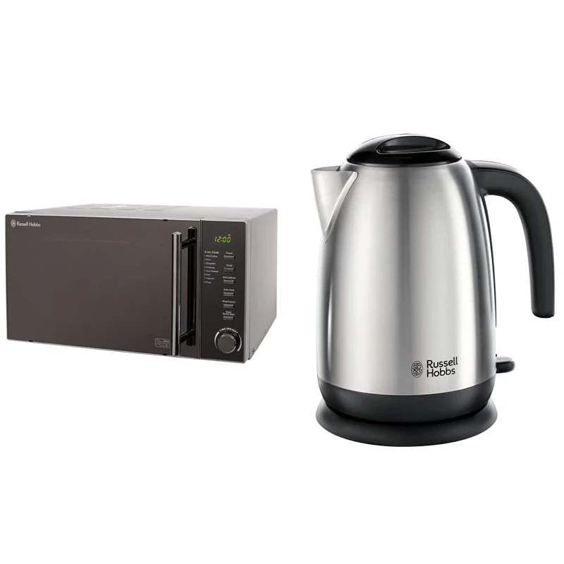 Russell Hobbs RHM2017 20L 800W Silver Digital Microwave, 5 Autocook Menus & 23910 Adventure Brushed Stainless Steel Electric Kettle, Open Handle, 3000 W, 1.7 Litre, Brushed Steel