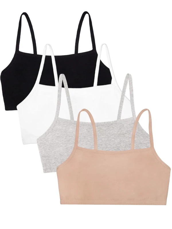 Fruit of the Loom Women's Spaghetti Strap Cotton Pullover Sports Bra Value Pack, Opaque, Sand/White/Black/Heather Grey, 36 (Pack of 4)