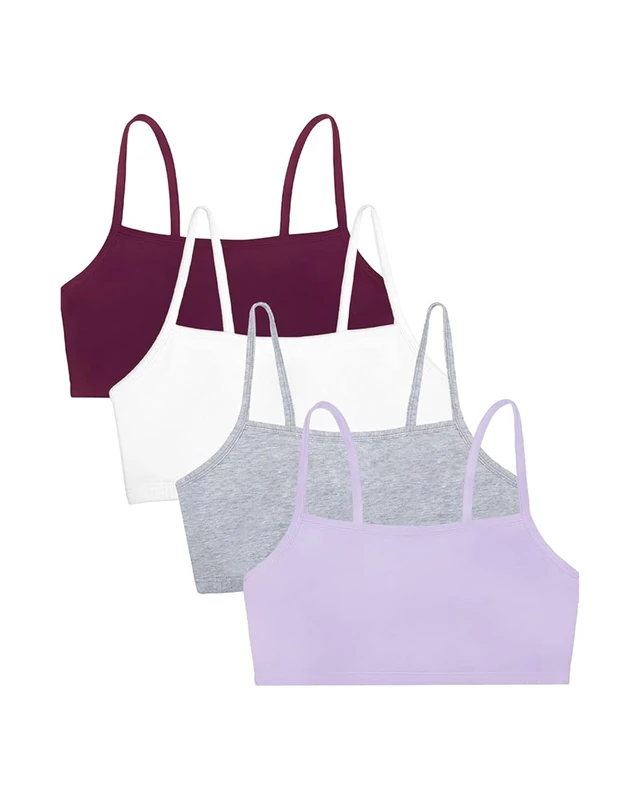 Fruit of the Loom Women's Spaghetti Strap Cotton Pullover Sports Bra Value Pack, Opaque, Purple/White/Lilac/Grey, 38 (Pack of 4)