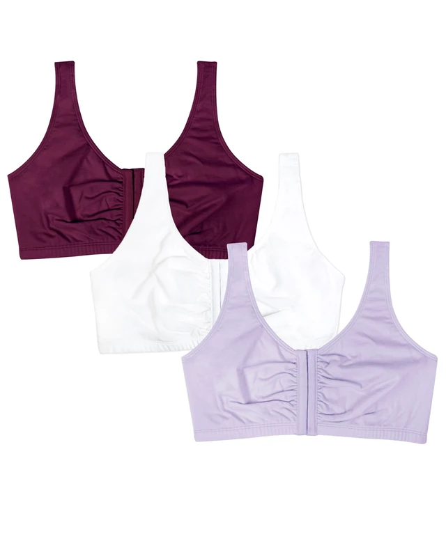 Fruit of the Loom Women's Front Close Builtup Sports Bra, Opaque, Lilac Whisper/White/Purple Velvet, 38 (Pack of 3)