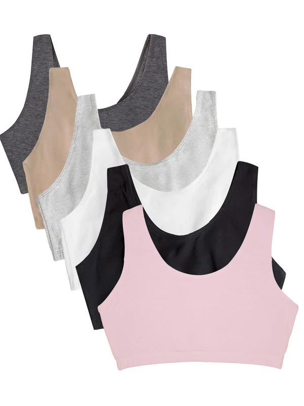 Fruit of the Loom Women's Built Up Tank Style Sports Bra Value Pack, Opaque, Sand/White/Heather Grey/Black/Blush/Charcoal, 34 (Pack of 6)