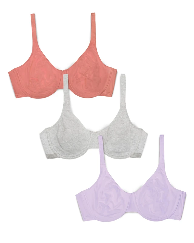 Fruit of the Loom Womens Cotton Stretch Extreme Comfort Bra, Desert Dusk/Grey/Lilac Whisper, 36-38D