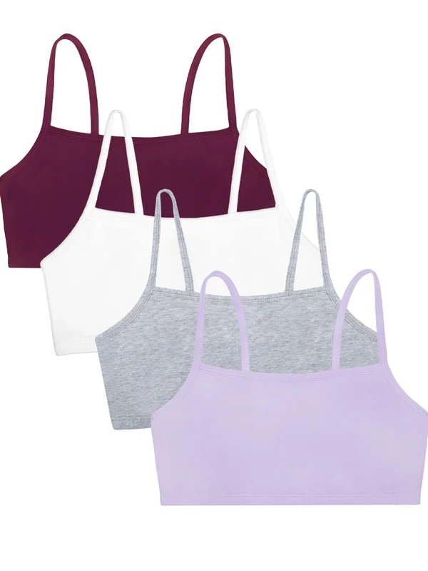 Fruit of the Loom Women's Spaghetti Strap Cotton Pullover Sports Bra Value Pack, Opaque, Purple/White/Lilac/Grey, 40 (Pack of 4)