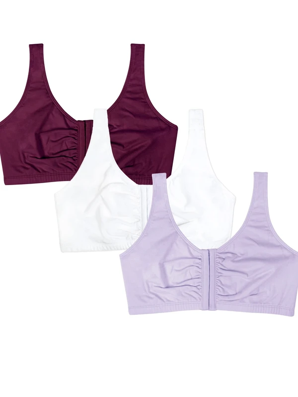Fruit of the Loom Women's Front Close Builtup Sports Bra, Opaque, Lilac Whisper/White/Purple Velvet, 46 (Pack of 3)
